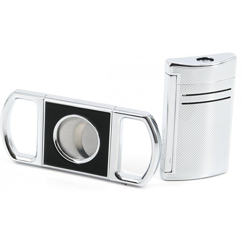 S T Dupont Gift Set Maxijet And Cigar Cutter Chrome Grid